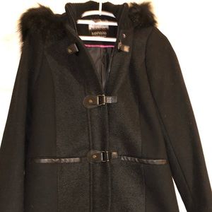 NWOT black utility trench coat with faux fur hood